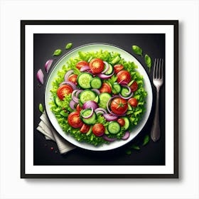 A Delicious and Healthy Salad with Fresh Tomatoes, Cucumbers, Red Onions, and Lettuce, Drizzled with a Light Vinaigrette Dressing, Served on a White Plate with a Fork on the Side Art Print