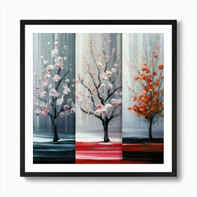 Three different paintings each containing cherry trees in winter, spring and fall 2 Art Print