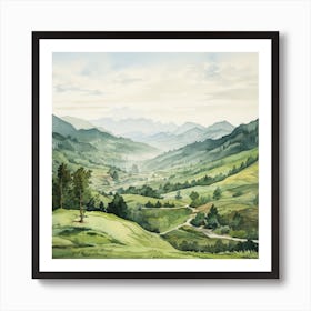 A Water Color Painting Of Green Hills One After Another. Fading view. Art Print