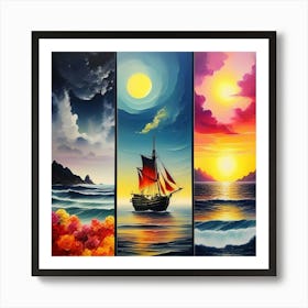 hree different vertical panels, ocean sea ⛵ ships 9 Art Print