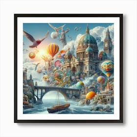 Surreal Digital Collage Merging Iconic Landmarks From Around The World With Whimsical Elements, Style Digital Surrealism Art Print