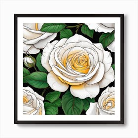 White Roses On Black Background 3 Art Print