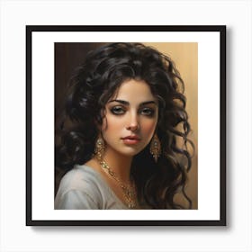 beautiful woman with long, dark hair, wearing a white shirt and gold jewelry. She has a serious expression on her face and is looking directly at the camera. Art Print