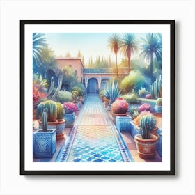 watercolor pastell Jardin Majorelle Morocco Modern Blue Illustration 5 Art Print.. Art Print