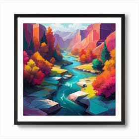 A modern digital painting of a river, with bold, geometric shapes and a vibrant color scheme, showcasing the beauty of technology and nature combined. Art Print