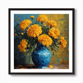 Yellow Flowers In A Blue Vase Art Print