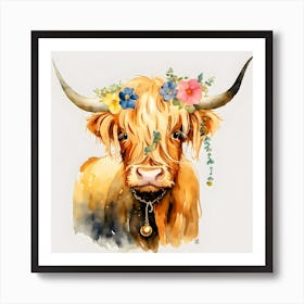 Highland Cow With Flowers Art Print