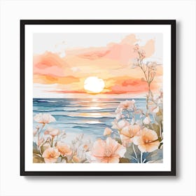 Sunset With Flowers Poster