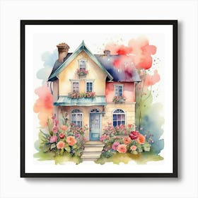 Watercolor House With Flowers Art Print 3 Art Print