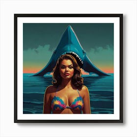 Retro Pop Young Woman with Shark Art Print