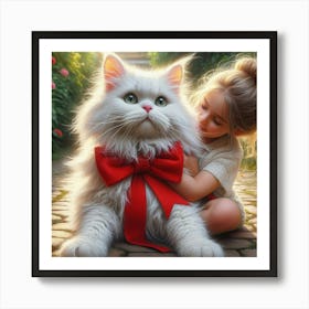 Little Girl Hugging A Cat Art Print