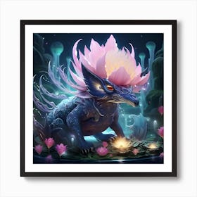 Dragon With Lotus Flower Art Print
