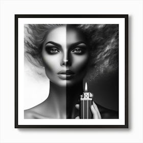 Black And White Portrait Of A Woman Holding A Lighter 1 Art Print