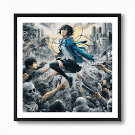 Girl Flying Over A Crowd Of Zombies Art Print