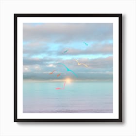 Colorful Seagulls Flying Square Art Print