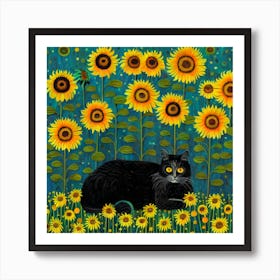 Gustav Klimt Inspired , Farm Garden With Sunflowers And A Black Cat 2 Art Print