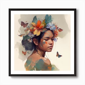 Watercolor Floral Indonesian Native Woman #1 Art Print