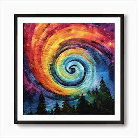 Cosmic Rainbow Quilt Artistic Swirl Spiral Forest Silhouette Fantasy Art Print