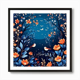 A Bright Toned Design With Flowers And Leaves Trees And Birds A Beautiful And Simple Picture Night Sky With Birds And Flowers Art Print