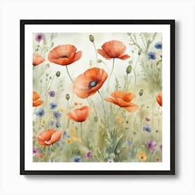 Wildflowers Watercolor Field Drawing Summer Popp (4) Art Print