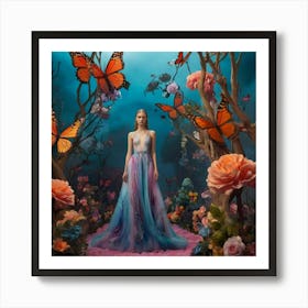 fashion, Surreal fashion garden, plant mannequins, giant flowers, organic dresses, twisted trees, cyber butterflies, psychedelic sky, colorful mist, floating lighting, enchanted podium, colors that change at the touch. 5 Art Print