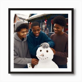 Three Young Men Building A Snowman Art Print