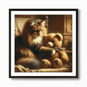 Cat And Teddy Bear Art Print