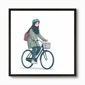 A young woman wearing a hijab rides her bicycle through the city streets on her way to work Art Print