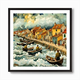 Boats At Stormy Sea Art Print