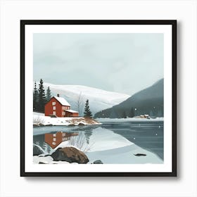 Winter House By The Lake Art Print