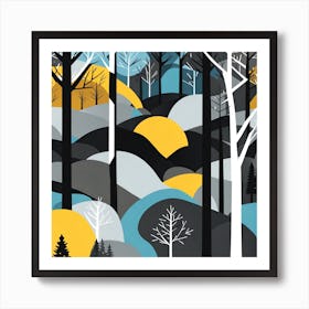 Woods, minimalistic vector art, Forest, sunset,   Forest bathed in the warm glow of the setting sun, forest sunset illustration, forest at sunset, sunset forest vector art, sunset, forest painting,dark forest, landscape painting, nature vector art, Forest Sunset art, trees, pines, spruces, and firs, black, blue and yellow Art Print