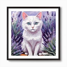 White Cat In Lavender Art Print