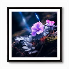 up close on a black rock in a mystical fairytale forest, alice in wonderland, mountain dew, fantasy, mystical forest, fairytale, beautiful, flower, purple pink and blue tones, dark yet enticing, Nikon Z8 1 Art Print