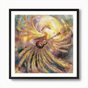 Phoenix With Guitar awater color paint An exquisite, abstract rendition of soulful strumming, where the guitar is metaphorically replaced by a soaring, ethereal phoenix. The bird's vibrant feathers cascade like strings, emanating a warm, golden glow. As it strums its own divine melody, the phoenix embodies the spiritual essence of music, transcending physicality and resonating with the deepest chords of the soul. The background is a harmonious blend of dreamy, impressionistic hues, evoking a sense of transcendence and boundless creativity. Art Print