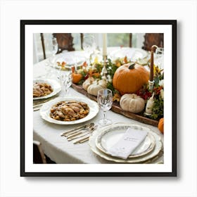 An Old World Thanksgiving Feast Waiting To Unroll In Watercolor Vintage Table Setting With Metallic (5) Art Print