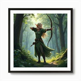 Elven Archer In Enchanted Forest With Silver Bow 1 Art Print