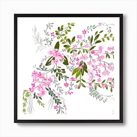 Pink flowers with branches leaves  Art Print