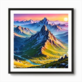 Mountain Landscape Painting, Illustrate A Close Up Of A Blooming Flower With Intricate Art Print