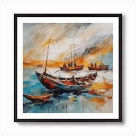 Art painting in beautiful colors, ink forming abstract landscape, boat, people, figures, horizontal angle by realfnx 1 Art Print