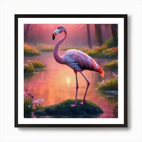 Pink Flamingo In Forest At Sunset Art Print