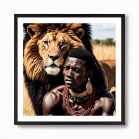 African Man With Lion Art Print