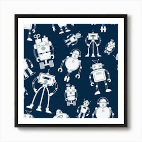 Robots On A Blue Background Art Print