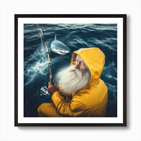 Old Man Fishing With Shark Art Print