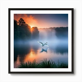 Swan In Flight Spreading Its Wings Majestically Over A Serene Blue Lake Sunset Backlight Illuminat Art Print