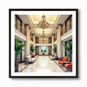 Luxury Hotel Lobby In Watercolor, With Grand Chandeliers And Elegant Furnishings Art Print