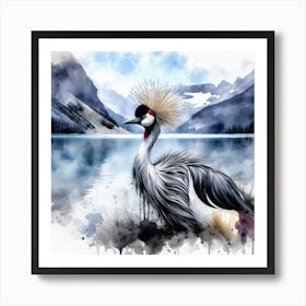 Crowned Crane by Mountain Lake Painting -Wild Bird Artwork 148 Art Print