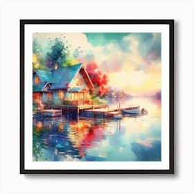 Watercolor House On The Lake Art Print