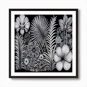 A black and white drawing of flowers and leaves. Art Print