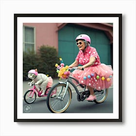 Grandma And Her Pet Cat Riding Bicycles 1 Art Print