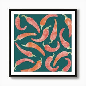Spicy Chili Peppers on Dark Teal Green Art Print